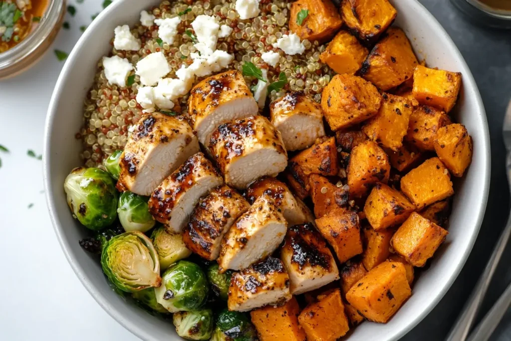 Hot Honey Chicken Bowl with quinoa, roasted sweet potatoes, Brussels sprouts, and glazed chicken