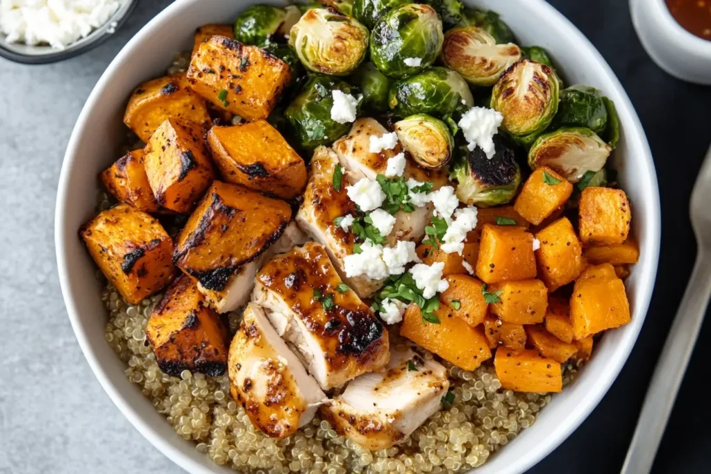 Hot Honey Chicken Bowl with quinoa, roasted sweet potatoes, Brussels sprouts, and feta