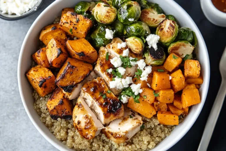 Hot Honey Chicken Bowl with quinoa, roasted sweet potatoes, Brussels sprouts, and feta