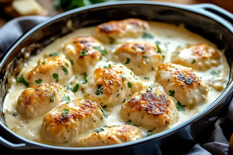 Creamy Asiago Chicken baked in a skillet with golden-brown crust and rich cheese sauce, garnished with parsley.