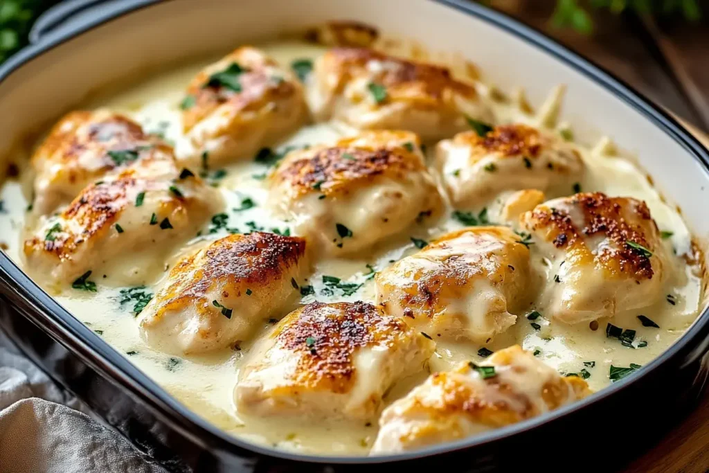 Creamy Asiago Chicken baked to golden perfection in a rich cheese sauce, garnished with fresh parsley.