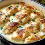 Creamy Asiago Chicken baked to golden perfection in a rich cheese sauce, garnished with fresh parsley.