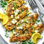 Greek Chicken with Lemon and Feta served on a white plate, topped with fresh parsley and crumbled feta.