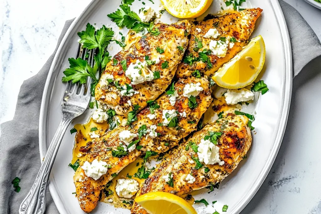 Greek Chicken with Lemon and Feta garnished with fresh parsley and lemon wedges on a white serving plate.