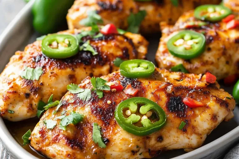 Spicy Jalapeño Chicken Recipe topped with fresh jalapeño slices and cilantro in a skillet