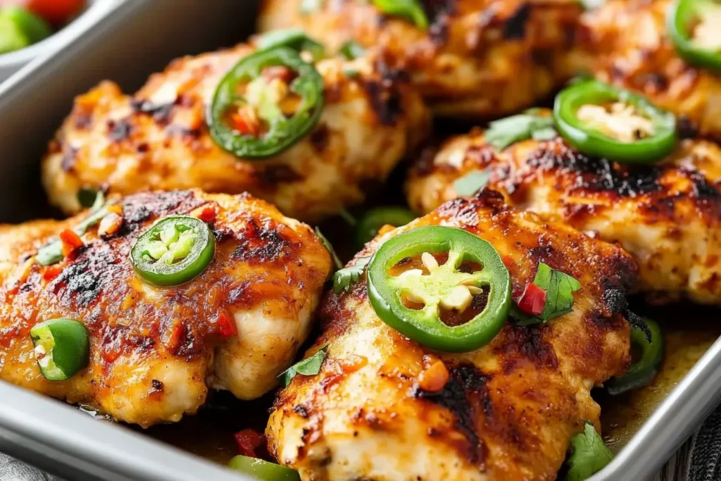 Close-up of Spicy Jalapeño Chicken Recipe with golden-brown crust and sliced jalapeños