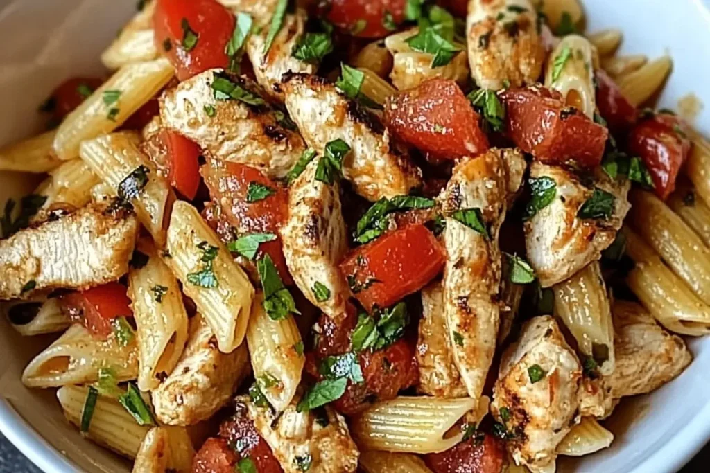 Bruschetta Chicken Pasta with penne, grilled chicken, and fresh basil in a white bowl.
