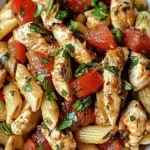 Bruschetta Chicken Pasta with penne, grilled chicken, and fresh basil in a white bowl.