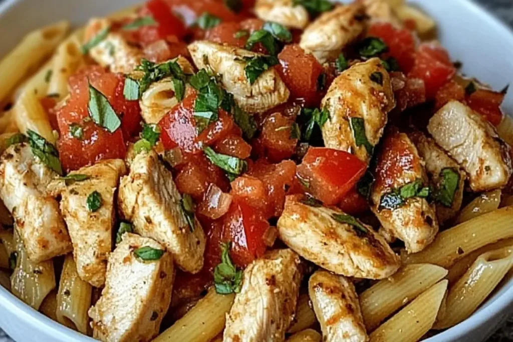Bruschetta Chicken Pasta with grilled chicken, fresh tomatoes, and basil over penne pasta in a white bowl.