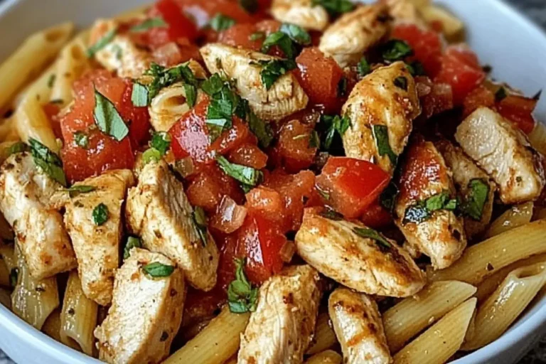 Bruschetta Chicken Pasta with grilled chicken, fresh tomatoes, and basil over penne pasta in a white bowl.