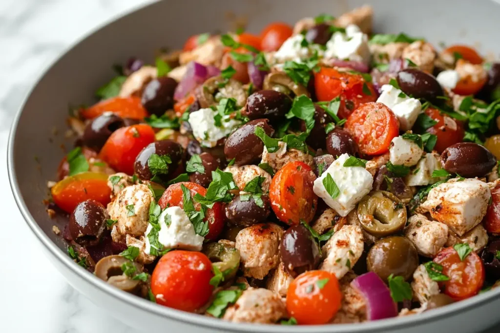 Mediterranean Keto Ground Chicken Skillet with Olives and Feta topped with fresh parsley in a white skillet