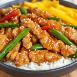 Bowl of Panda Express Honey Sesame Chicken Breast with rice, green beans, bell peppers, and sesame seeds