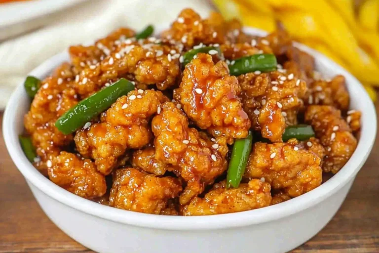 Close-up of Panda Express Honey Sesame Chicken Breast with green beans and sesame seeds in a white bowl