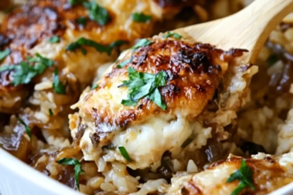 Close-up of French Onion Chicken and Rice with golden-brown chicken and caramelized onions in a creamy rice casserole.