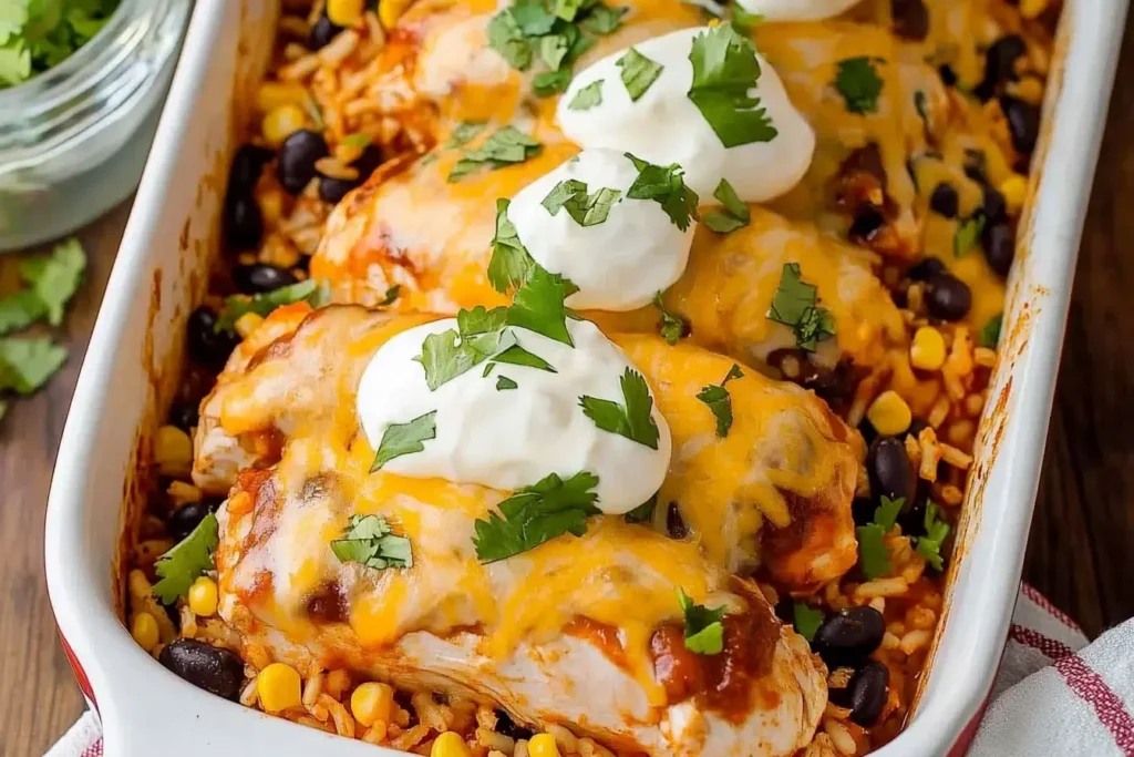 Cheesy Mexican Chicken and Rice Bake topped with sour cream and cilantro in a white baking dish.