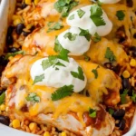 Cheesy Mexican Chicken and Rice Bake topped with sour cream and cilantro in a white baking dish.