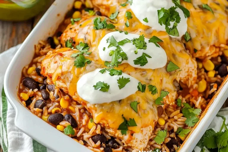 Close-up of cheesy Mexican Chicken and Rice Bake topped with sour cream and cilantro in a white casserole dish.