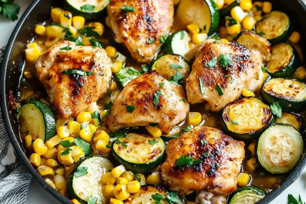 Garlic Butter Chicken with Zucchini and Sweet Corn sizzling in a skillet, topped with fresh parsley.