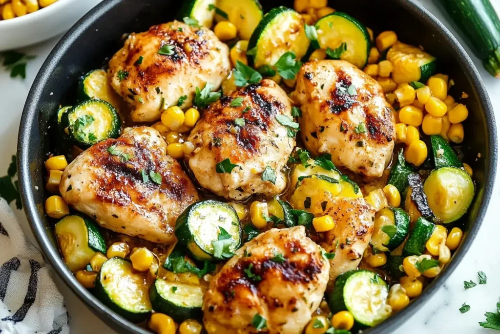Garlic Butter Chicken with Zucchini and Sweet Corn cooked in a skillet, garnished with fresh parsley.