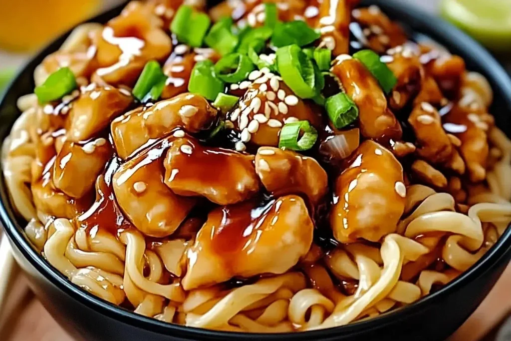 Bowl of Chicken Teriyaki Noodles topped with glazed chicken, sesame seeds, and green onions
