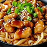 Bowl of Chicken Teriyaki Noodles topped with glazed chicken, sesame seeds, and green onions