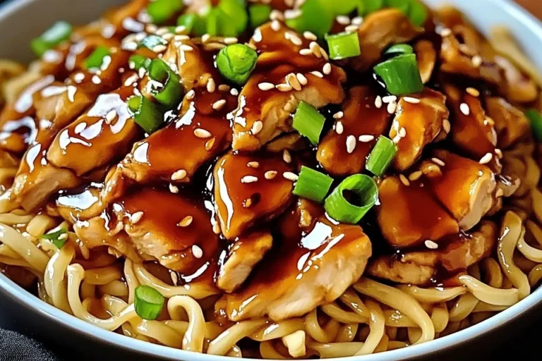 Close-up of Chicken Teriyaki Noodles topped with sesame seeds and green onions