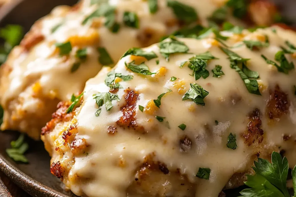 Close-up of Easy Pepper Jack Crack Chicken covered in creamy melted cheese and garnished with fresh parsley.
