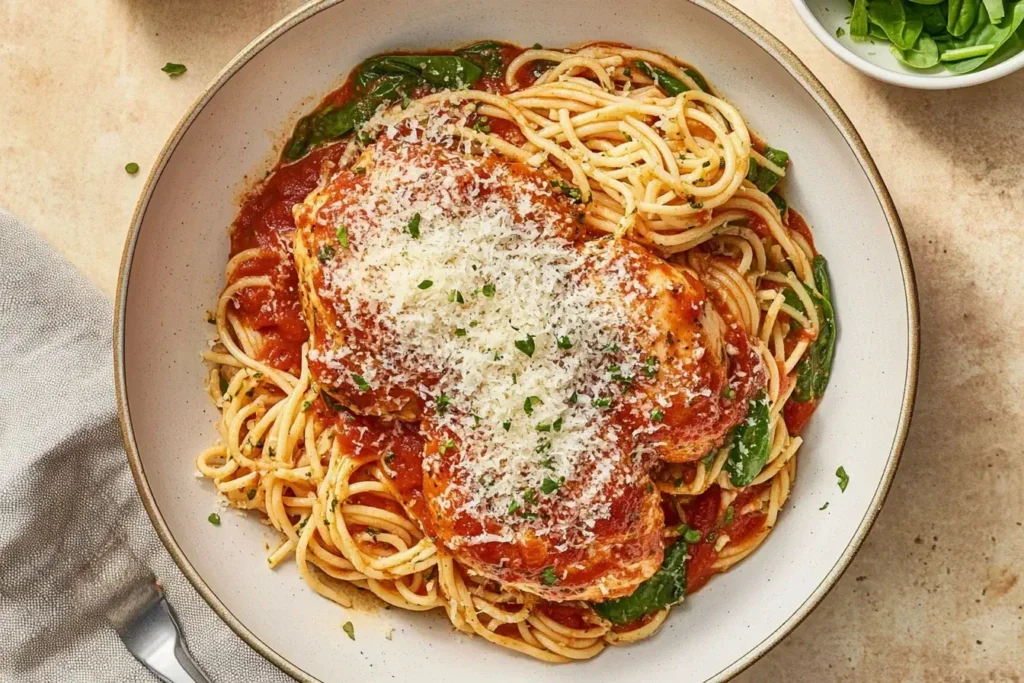 Spinach Ricotta Chicken served over spaghetti with marinara sauce and parmesan cheese