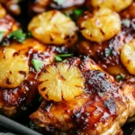 Juicy Baked Huli Huli Chicken topped with caramelized pineapple slices in a baking dish