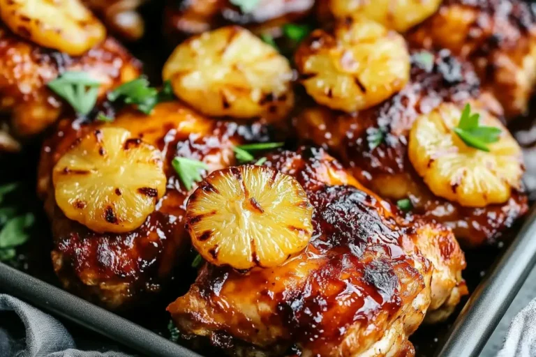 Juicy Baked Huli Huli Chicken topped with caramelized pineapple slices in a baking dish
