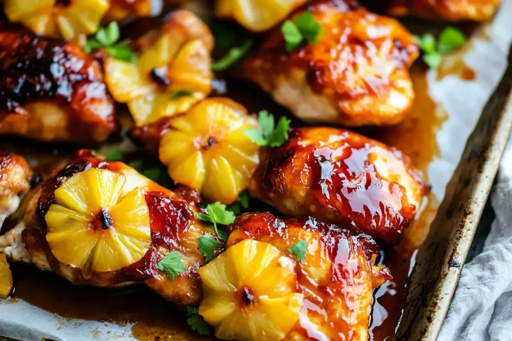 Glazed Baked Huli Huli Chicken with pineapple slices and fresh herbs on a baking sheet