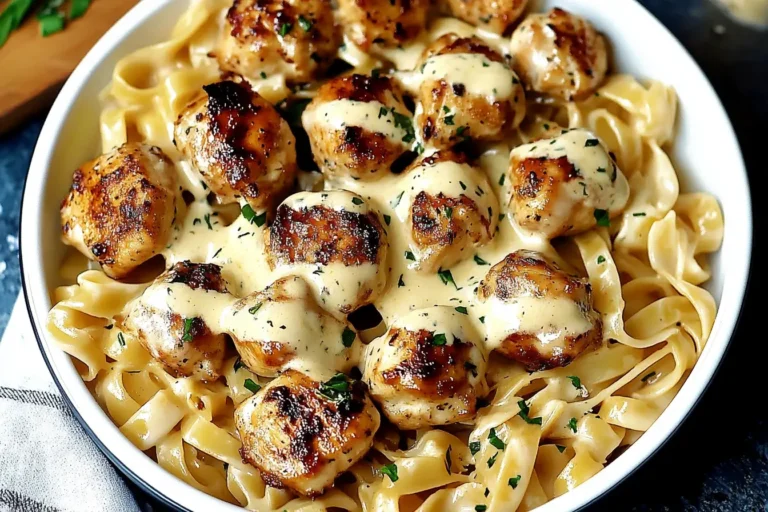 Garlic Butter Chicken Bites with Creamy Pasta served over fettuccine and topped with rich parmesan sauce and herbs.