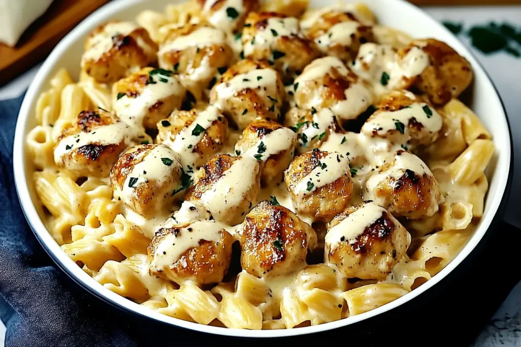 Creamy Garlic Butter Chicken Bites with Creamy Pasta topped with fresh herbs in a white bowl.