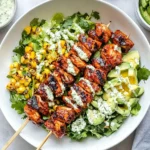 BBQ Chicken Skewer Salad with grilled corn, avocado, and herby ranch dressing in a white bowl