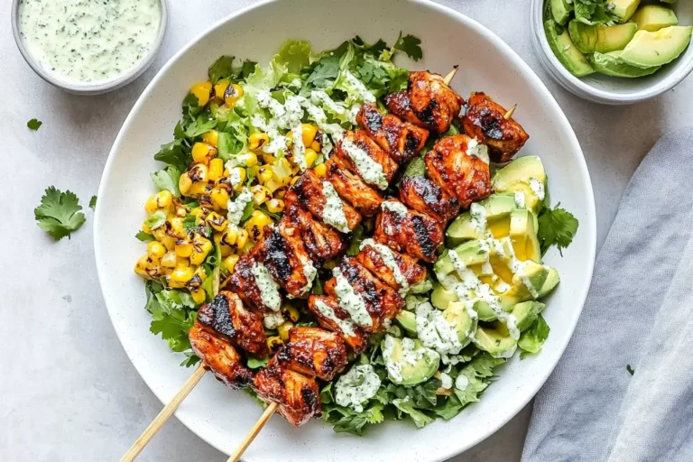 BBQ Chicken Skewer Salad with grilled corn, avocado, and herby ranch dressing in a white bowl