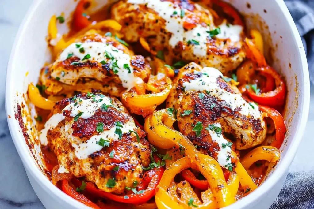 Baked Cajun Chicken with Bell Peppers in a white casserole dish topped with melted cheese and fresh herbs