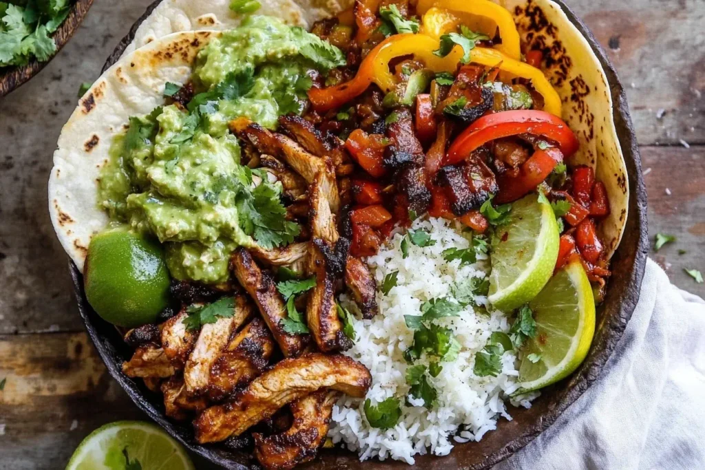 Chicken Fajita Tortilla Bowls filled with grilled chicken, rice, sautéed peppers, guacamole, and lime slices in a rustic bowl