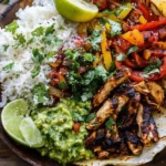 Chicken Fajita Tortilla Bowls with grilled chicken, sautéed peppers, rice, guacamole, and lime in a charred tortilla bowl