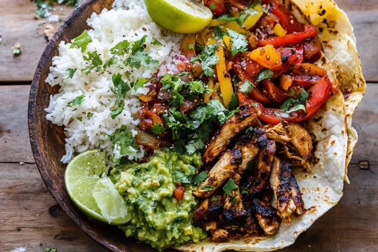 Chicken Fajita Tortilla Bowls with grilled chicken, sautéed peppers, rice, guacamole, and lime in a charred tortilla bowl