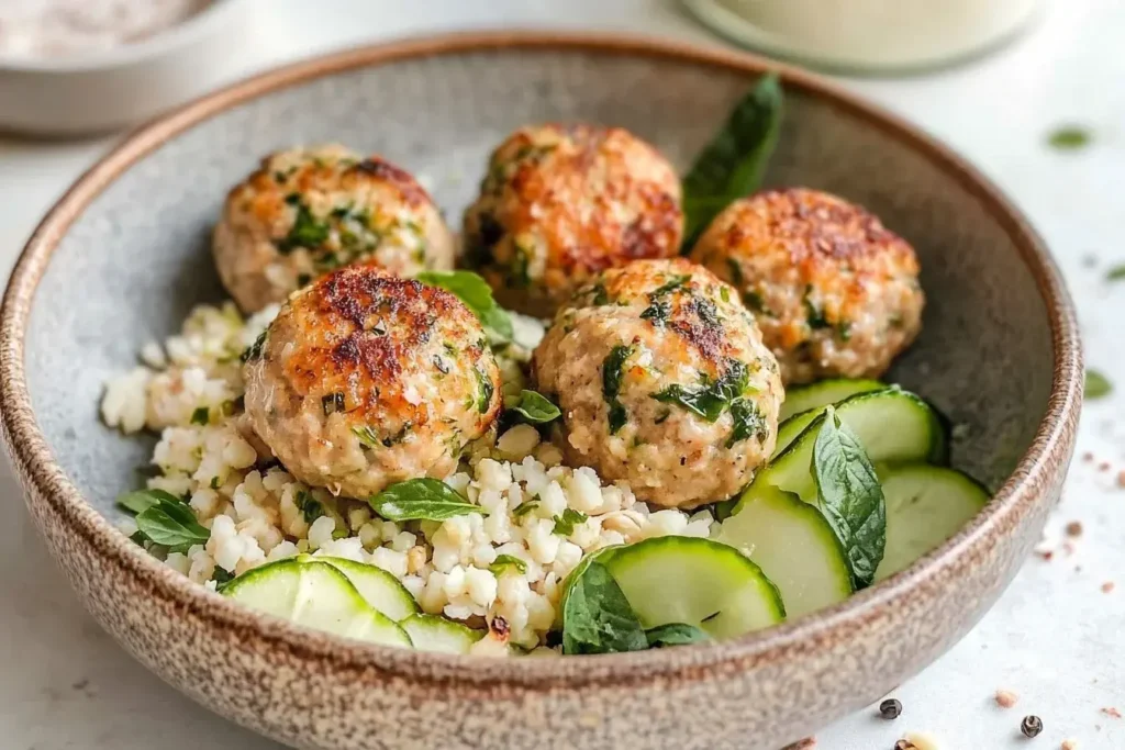 Herby Greek Chicken Meatballs with couscous and cucumber slices in a rustic bowl