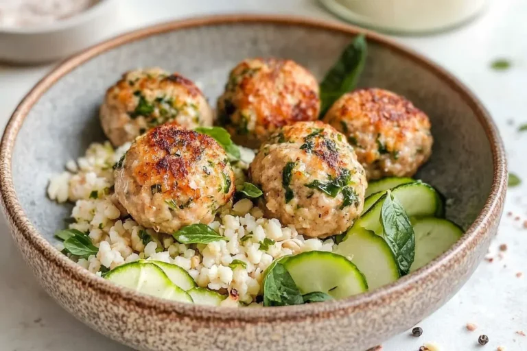 Herby Greek Chicken Meatballs with couscous and cucumber slices in a rustic bowl