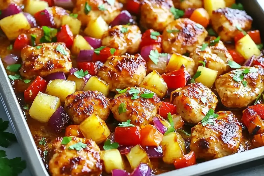 Juicy Hawaiian Chicken Sheet Pan with caramelized pineapple, red onion, and bell peppers on a baking tray