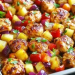 Juicy Hawaiian Chicken Sheet Pan with caramelized pineapple, red onion, and bell peppers on a baking tray