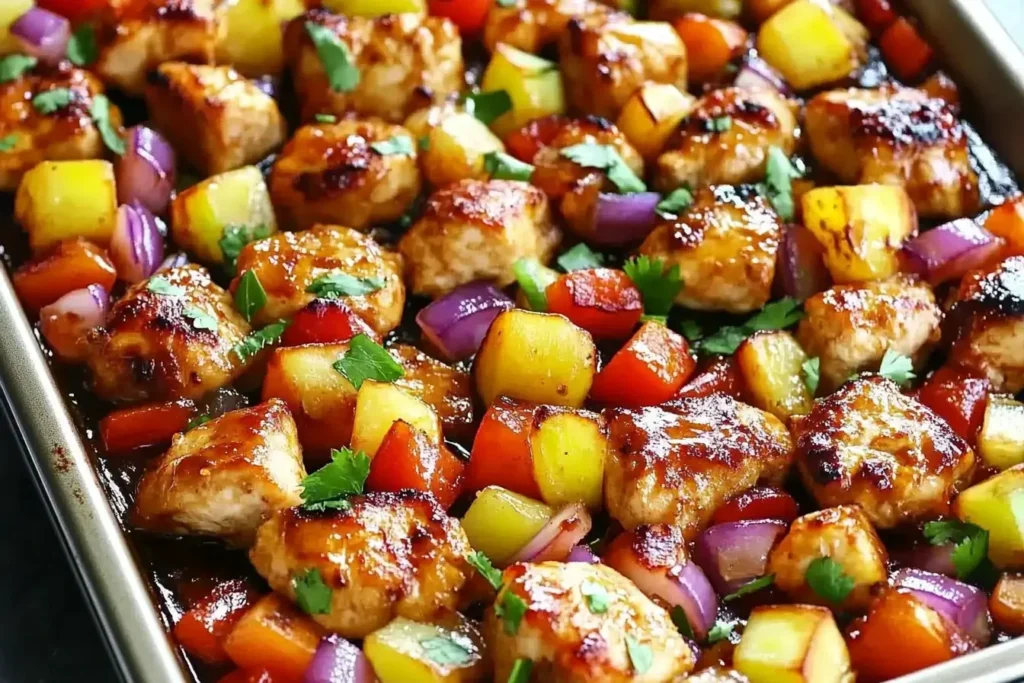 Colorful Hawaiian Chicken Sheet Pan with pineapple, bell peppers, and glazed chicken bites baked to perfection