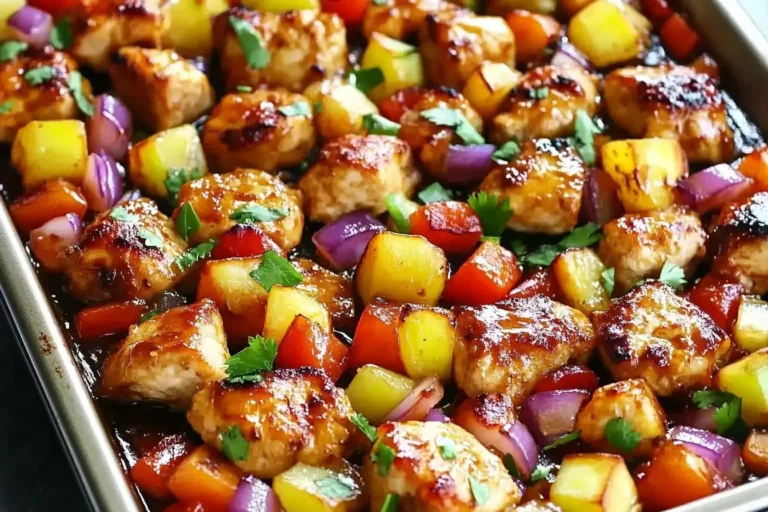 Colorful Hawaiian Chicken Sheet Pan with pineapple, bell peppers, and glazed chicken bites baked to perfection