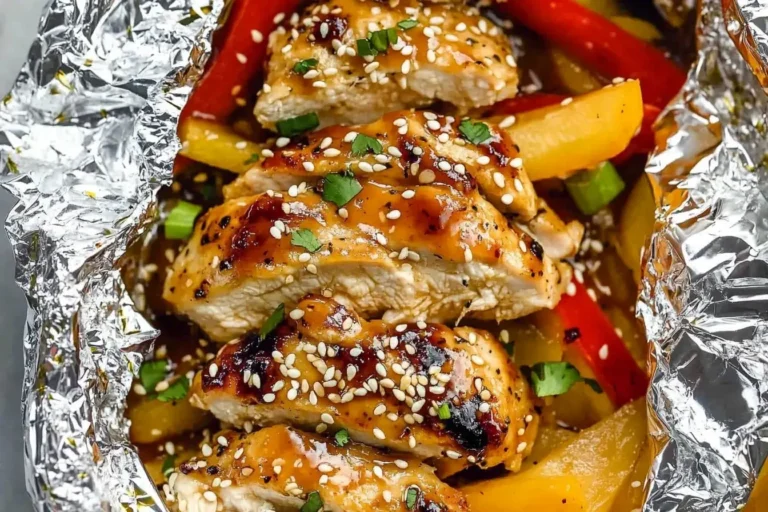 Teriyaki Chicken Foil Packet Dinner with vegetables and sesame seeds in a foil wrap