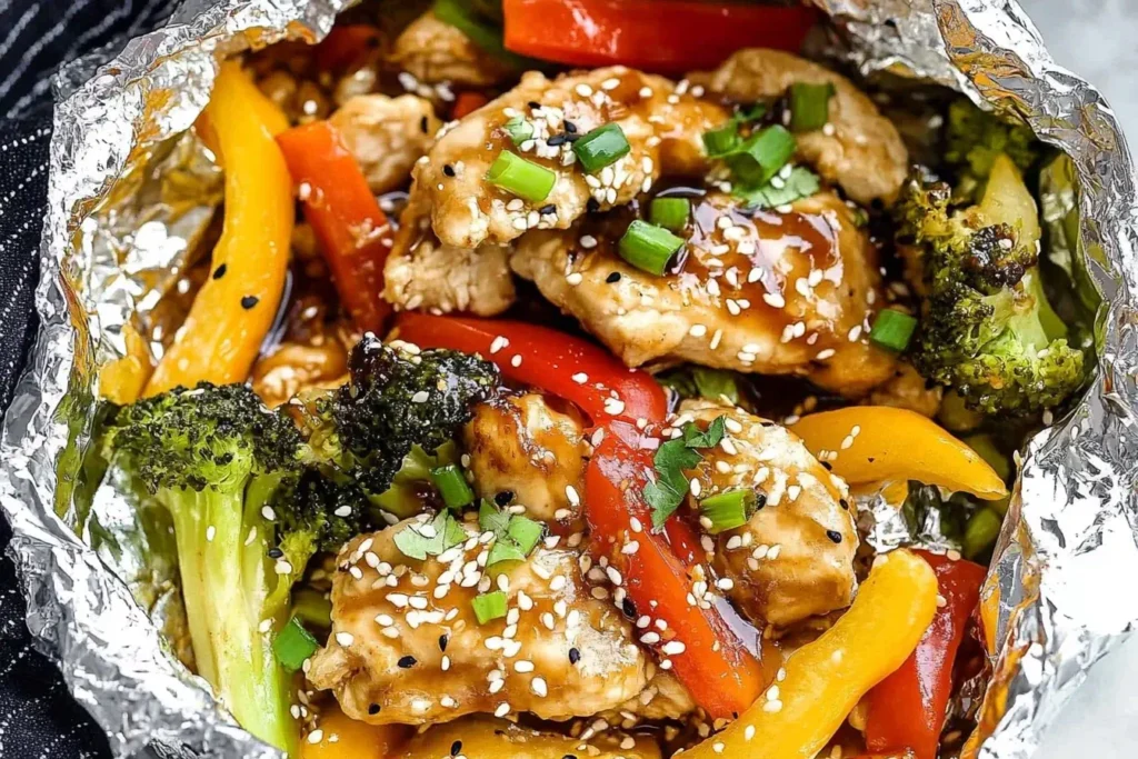 Teriyaki Chicken Foil Packet Dinner with broccoli, bell peppers, and sesame seeds