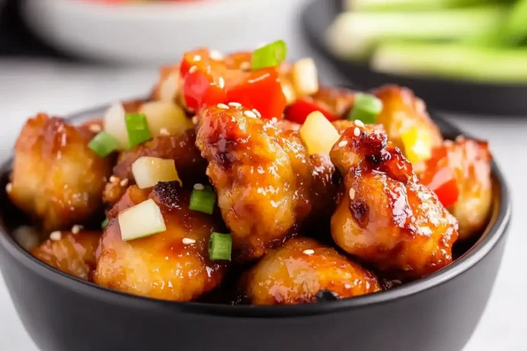 Close-up of crispy Copycat Sweet Fire Chicken garnished with pineapple, green onions, and sesame seeds.