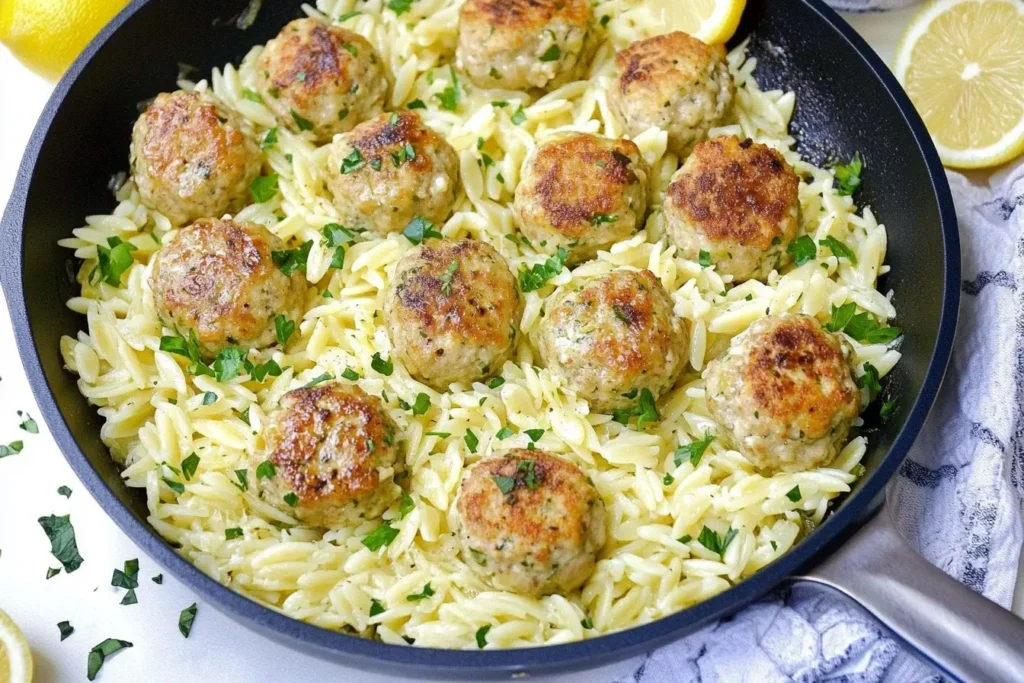 Skillet filled with Lemon Garlic Chicken Meatballs Orzo garnished with parsley and lemon slices.