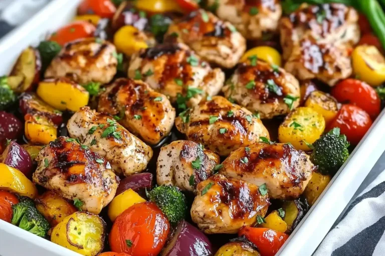 Balsamic Glazed Chicken and Veggies baked on a sheet pan with colorful roasted vegetables.